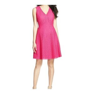 HALOGEN‎ Embroidered Eyelet Fit Flare Dress 2 XS Pink Dot Fuchsia Spring Brunch